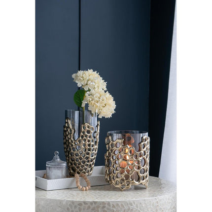 15" Black And Gold Aluminum And Glass Cylinder Table Vase