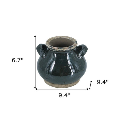 7" Dark Green And Sand Terracotta Round Jug Vase