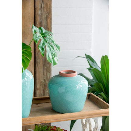 8" Blue And Brown Mottled Ceramic Round Table Vase