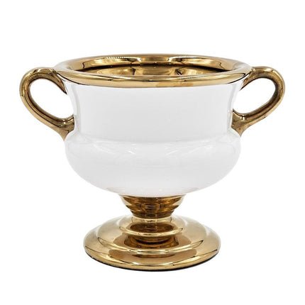 7" White And Gold Ceramic Amphora Urn