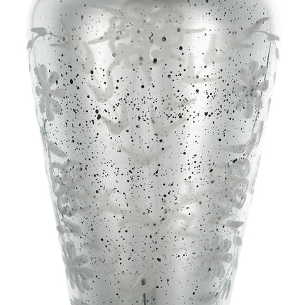 20" Antiqued Silver Etched Floral Glass Round Table Vase