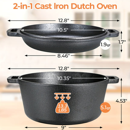 2-in-1 Cast Iron Cookware Set (Dutch Oven + Skillet) - Dual-Purpose Pots And Pans Set for Stove,