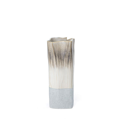 12" Brown Light Blue And Off White Color Block Square Ceramic Table Vase