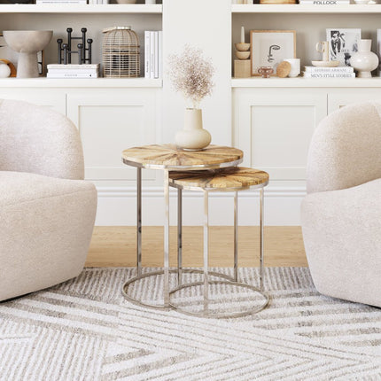 Set of Two Natural And Silver Solid Wood And Iron Round Frame Nested Tables