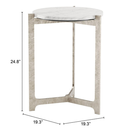 25" White And Silver Marble And Aluminum Round Cross Legs End Table