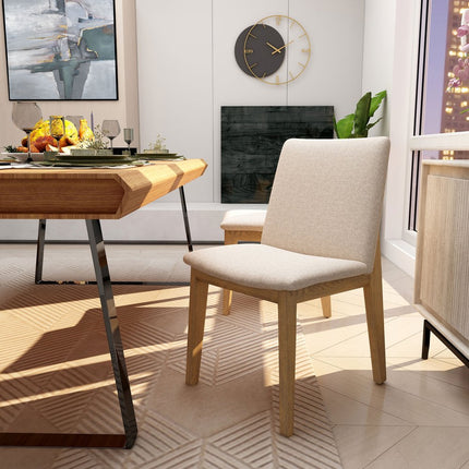 Set of Two White and Brown Fabric Open Back Dining Side Chairs