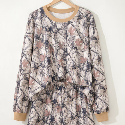 Khaki Woodland Camo Print Long Sleeve Top Casual Short Set