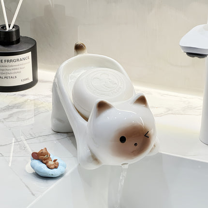 A Charming Ceramic Cat Soap Dish That Features Drainage Without The Need for Drilling