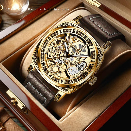 1pc Men'S Yellow Brown PU Belt Street Rascal Handsome Carved Tourbillon Fully Automatic