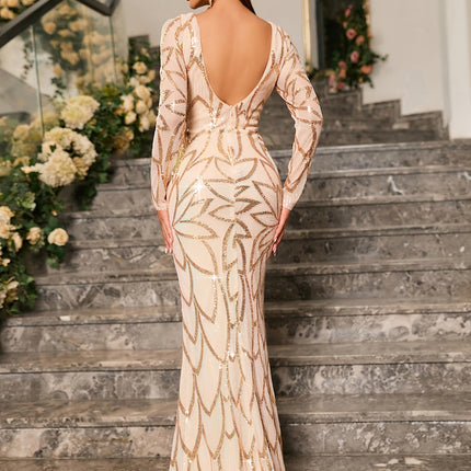 Elegant Women'S Long Sleeve Backless Floor-Length Evening Gown  Navy Blue Sequin-Embellished Mermaid Dress