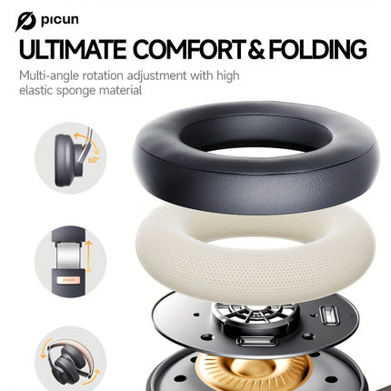 1pc Picun B8 Wireless Headphones with 120H Playtime, Foldable Design, Sound Isolation, 3 EQ Modes, Type-C,