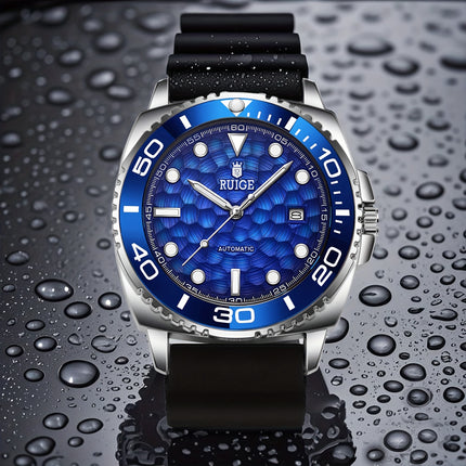 Men'S Luxury Automatic Mechanical Watch - Blue Ocean Design with Transparent Hollow Dial,