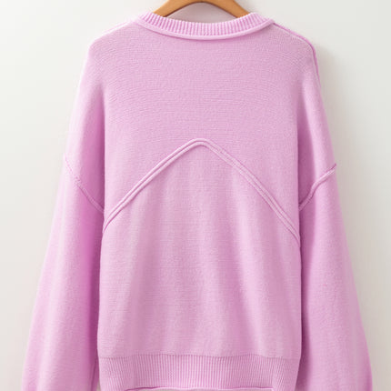 Pink Raw Edge Ribbed Detail Drop Shoulder Sweater