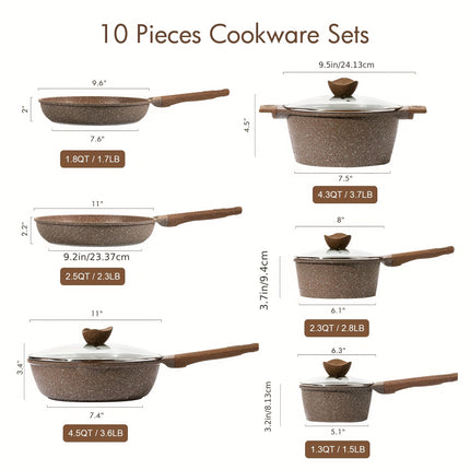 Cookware Sets, 10 Pcs Brown Granite Pots And Pans.