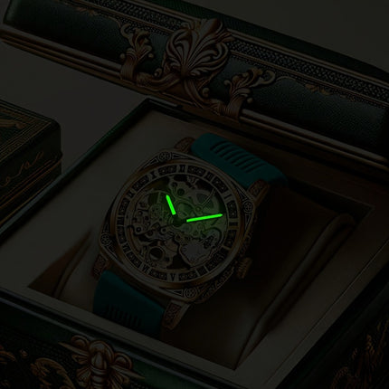 1pc Men'S Green Tape Gorgeous Retro Fully Automatic Hollow Mechanical Watch, Without Battery