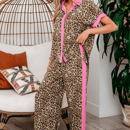 Brown Contrast Trim Leopard Top and Pant Set