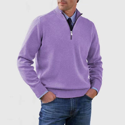 Men's Stand Collar Zipper Sweater Winter Fashion Solid Color Long Sleeve Knitted Top Clothing