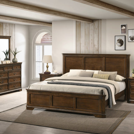 Maderne Traditional Wood Panel Bed with Dresser, Mirror, Two Nightstands, King size