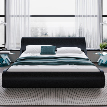 Bed Frame with Adjustable Headboard - Deluxe Faux Leather Upholstered Bed, Solid Wood