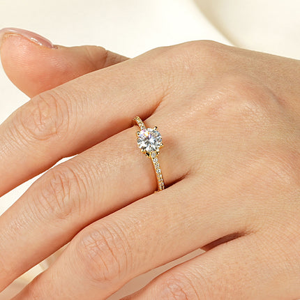 Fashionable, Light-luxury, Versatile, Niche Ring Featuring Faux Moissanite With A Four-prong Zircon Setting And Electroplated Finish