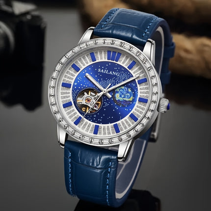 Men's Automatic Mechanical Watch - Casual Style, Rhinestone Detail, No-Waterproof,