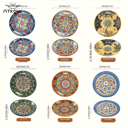 NTKOW 6pcs Bohemian Hand-Painted Ceramic Plates - Vibrant Floral & Geometric Patterns