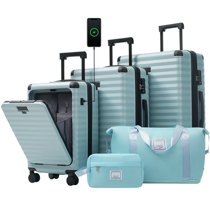 Luggage Sets 5 Piece with Front Opening , Hardside Expandable Carry on Suitcase with Spinner Wheels TSA Lock USB Port  Cup Holder Duffel Bag and Toiletry Bag