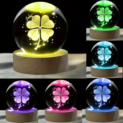 A Crystal Ball with 7 Colors, a Four-Leaf Clover Night Light Warm Glow, USB Powered with a Wooden Base