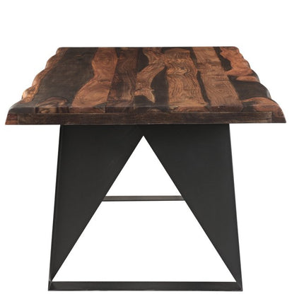 Seven Piece Dark Brown and Black Solid Wood Live Edge Dining Set with Six Chairs