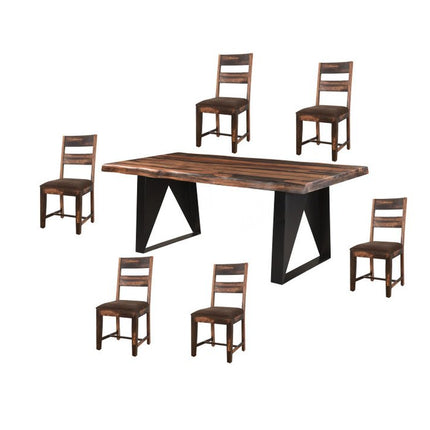 Seven Piece Dark Brown and Black Solid Wood Live Edge Dining Set with Six Chairs