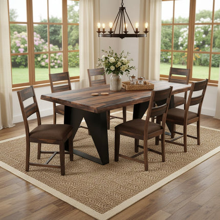Seven Piece Dark Brown and Black Solid Wood Live Edge Dining Set with Six Chairs
