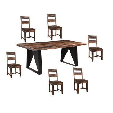 Seven Piece Dark Brown and Black Solid Wood Live Edge Dining Set with Six Chairs