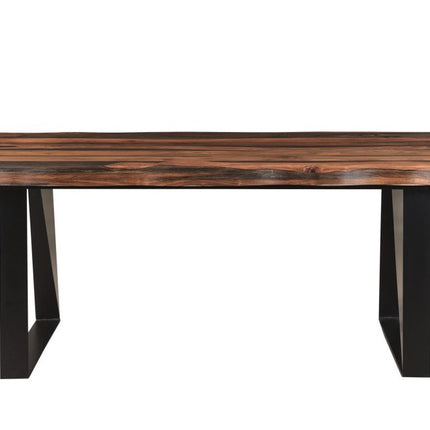 Seven Piece Dark Brown and Black Solid Wood Live Edge Dining Set with Six Chairs