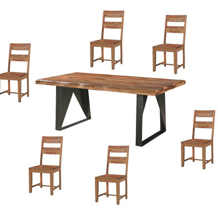 Seven Piece Brown and Black Solid Wood Dining Set with Six Chairs