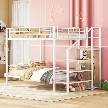 White Full Over Full Metal Bunk Bed With Stairs And Storage