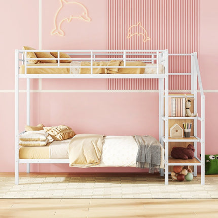 White Full Over Full Metal Bunk Bed With Stairs And Storage