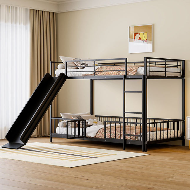 Black Twin Over Twin Metal Bunk Bed With Slide