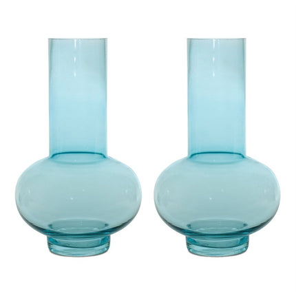 Set of Two Aqua Glass Round Table Vases