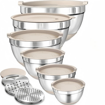 Stainless Steel Non-Slip Silicone Bottom 6pcss Mixing Bowl Set with Sealing Lid And 3 Grater Attachments