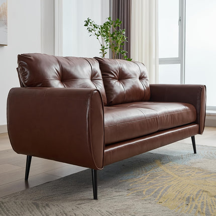 Modern Tufted Mini Sofa Brown Faux Leather, Comfy Office 2-Seat Settee for Small Spaces, Bedroom, Living Room