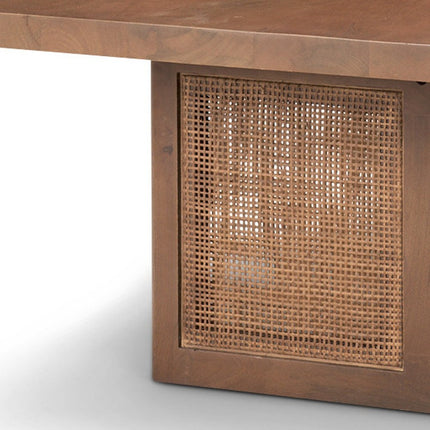 42" Brown and Natural Solid Wood and Wicker Square Double Pedestal Coffee Table