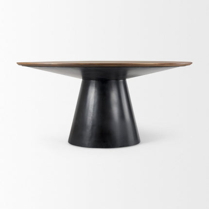 63" Brown and Black Solid Wood and Metal Pedestal Base Round Top Dining Table
