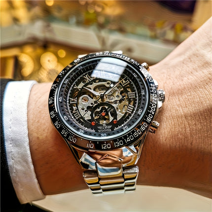 Men'S Luxury Automatic Mechanical Watch - Elegant Steel Band, Multi-Function Sun/Moon/Star Display,
