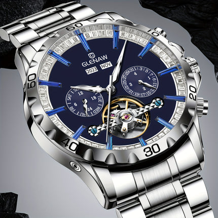 Men's Automatic Mechanical Watch - Luxury Blue Dial with Golden accents, Date Display