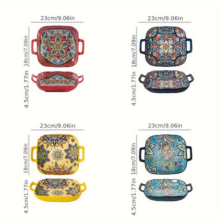 Set of Four Bohemian Square Plates with Double Handles! These Ceramic Serving Dishes Are
