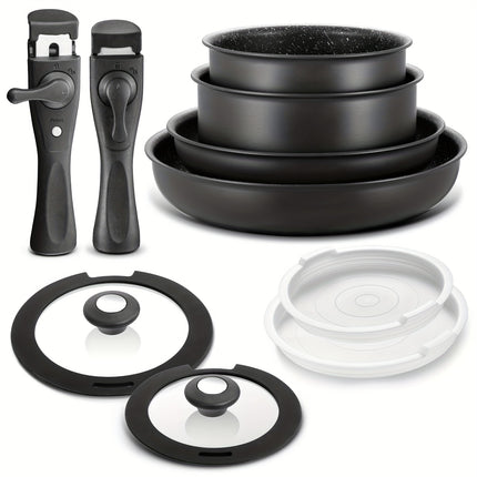 Cookware Set 10pcs, Nonstick Pots and Pans Set with Removable Handles, for All Hobs, Stackable Design