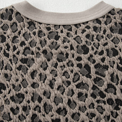 Khaki Jacquard Leopard Half Sleeve Jumper Wide Leg Pant Set