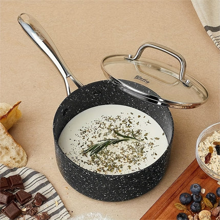 Quart Kitchen Nonstick Saucepan Set with Lid - Sauce Pan Set with Black Granite Coating