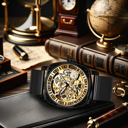1pc Men'S Yellow Black Mesh Strap Simple Style Novel Carving Fully Automatic Tourbillon Hollow