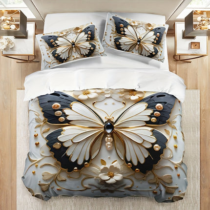 3pcs Butterfly Floral Duvet Cover Set, Animal Print, Insect Theme, Breathable Polyester, All-Season, Machine Washable, with 1 Duvet Cover and 2 Pillowcases, Digital Print Craftsmanship, No Insert for Bedding
